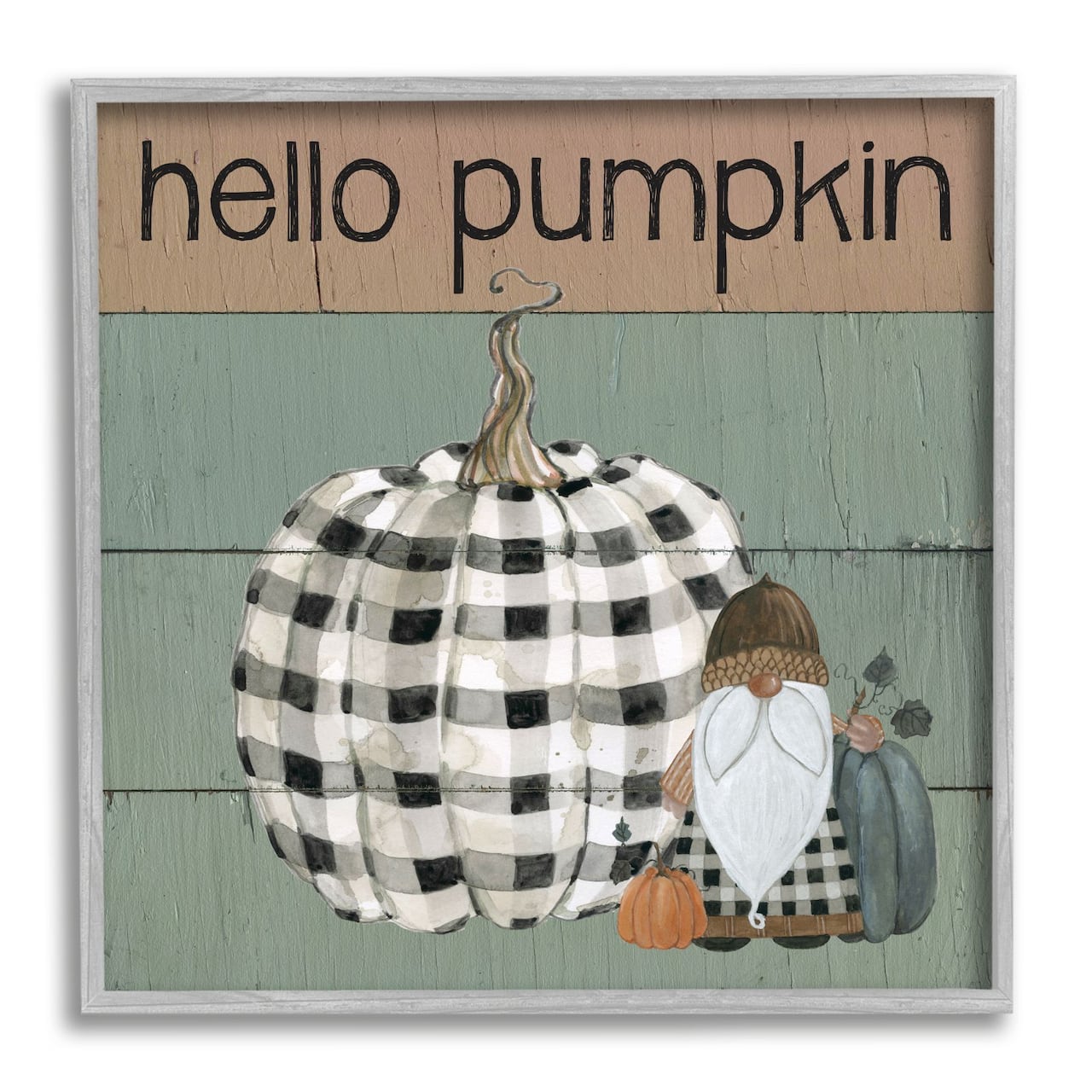 Stupell Industries Hello Pumpkin Rustic Greeting Patchwork Plaid Gnome Framed Wall Art